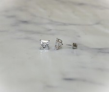 14K White Solid Gold Stud Earrings Basket Princess Cut CZ 5mm Screw Back