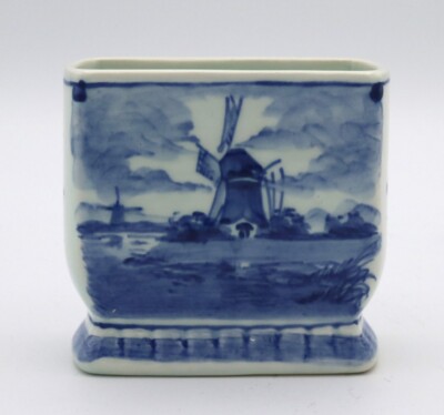 Seltene Vintage Delfter kleine rechteckige Posey Vase handbemalt blau weiß Windmühle