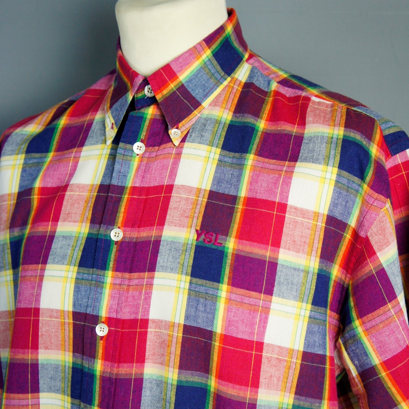 YSL Saint Laurent M Camicia casual da uomo in lino a quadri con bottoni multicolore