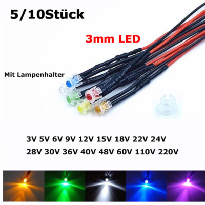 3mm LED ultrahelle vorverdrahtete Leuchtdiode mit Lampenhalter 3V 6V 9V 12V-220V