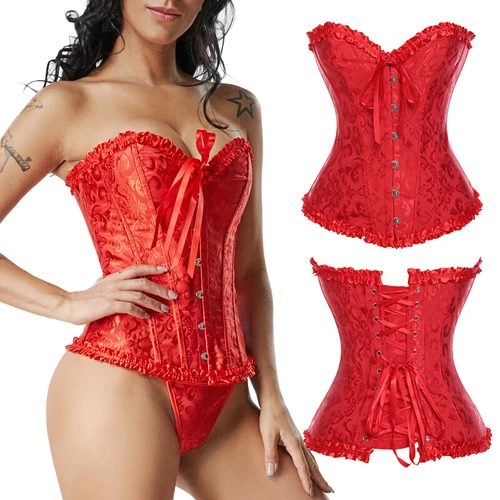 Damen Überbrust Korsett Bustier Burleske Baskisch Top Spitze Kostüm Übergröße - Bild 5 von 29