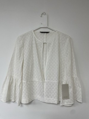 Damen Zara Basic bestickte Glockenärmel Jacke weiß Größe M