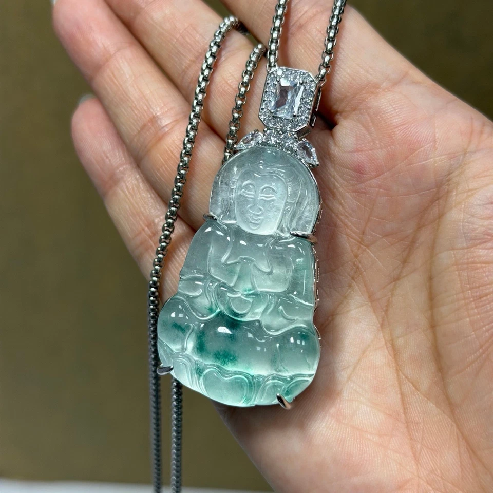 Colgante y collares amuleto guanyin jadeíta verde hielo alto natural real Foto 2 de 4