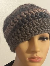 Handmade Crochet Beanie Hat Brown  Teal Variegated Yarn 