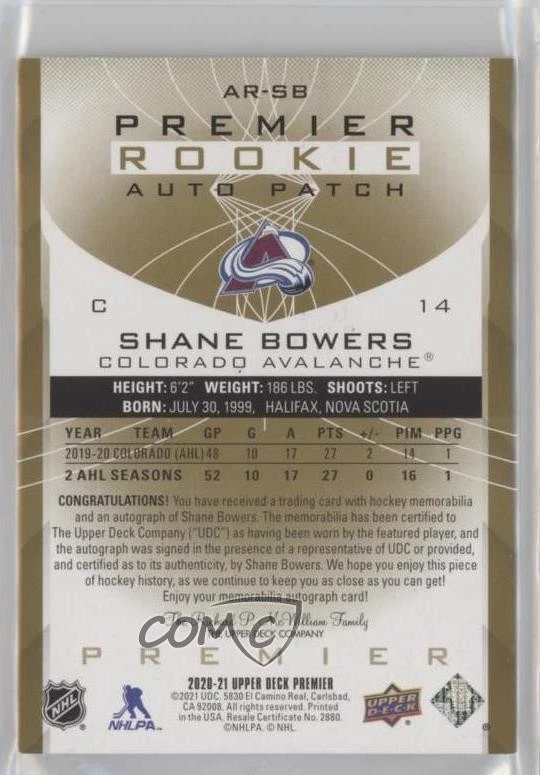 2020 Upper Deck Premier Acetate Rookie Gold /65 Shane Bowers RPA Patch Auto RC - Image 2 of 2