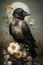 CROW ART PRINT, Bird Animal Decor, Fantasy Raven Poster, Cottagecore Flowers