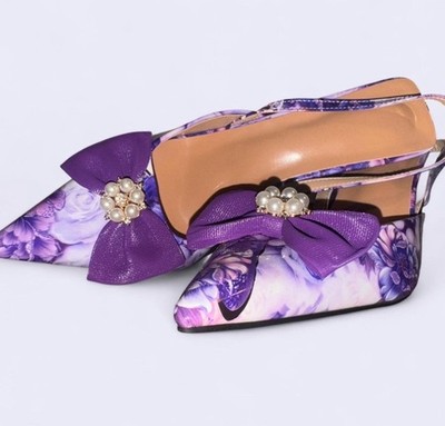 SHEIN Women s Purple Floral Pointed Toe Slingback Block Heel Bow Pearl US 8