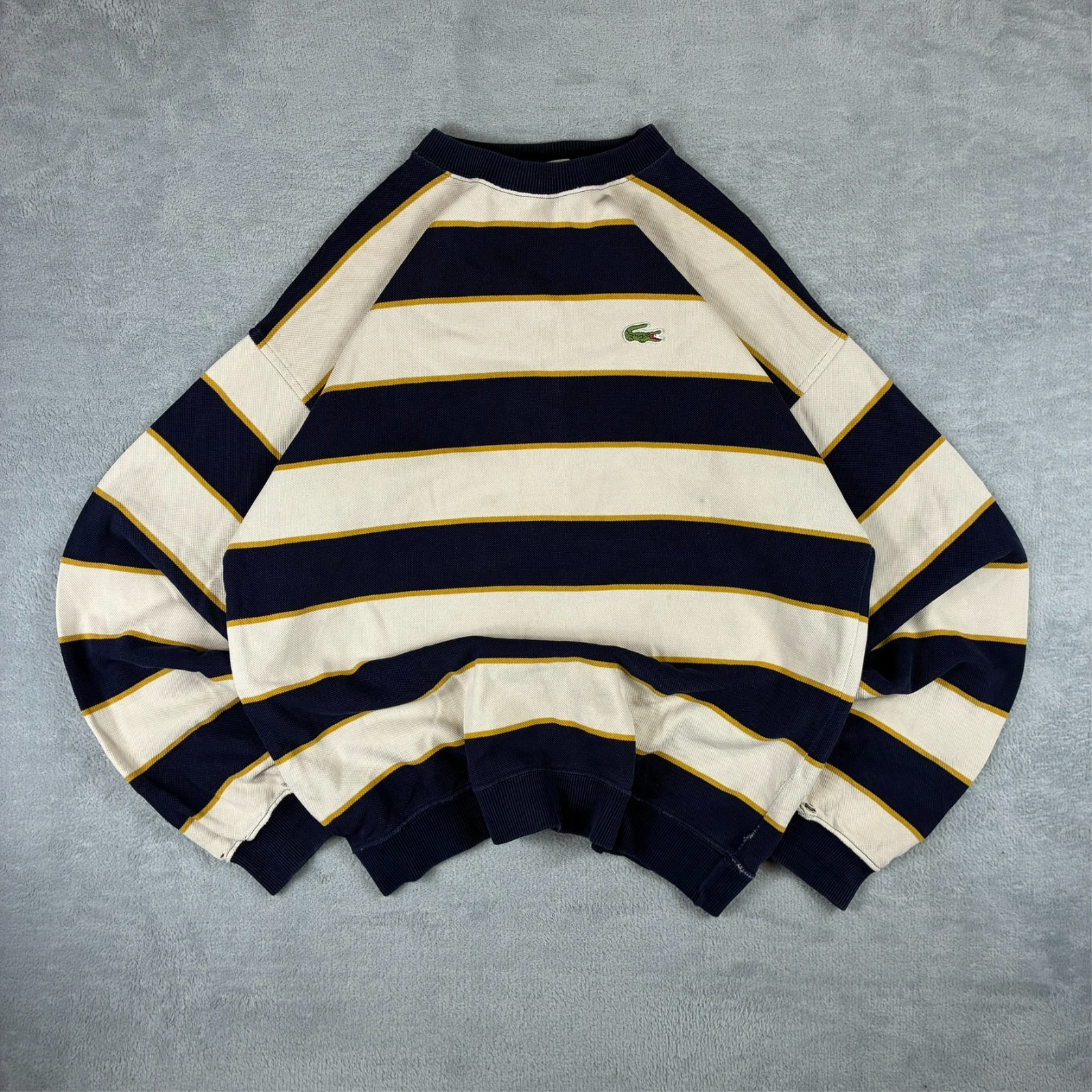 Vintage Lacoste Chemise 90’s Navy Cream Stripe Waffle Knit Sz 5/Large Sweatshirt
