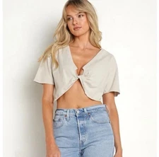 Joah Brown Twist Crop Cotton Tee In Fog Size S/M