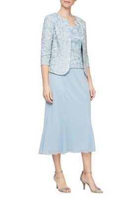 Alex Evenings Embroidered Jacket & Dress Women's 16 Light Blue 3/4 Sleeve~