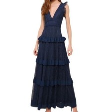 LULUS Navy Lace Tiered Maxi Dress Sleeveless Formal Wedding Guest M