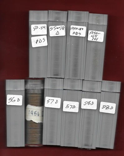 10 Rolls of 50  Lincoln Wheat Cents 1940's & 1950's F - EF Subsidized shipping