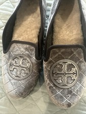 Tory Burch Womens 8M Pewter Gray Velvet Billy Quilted Slippers Slip On Shoes