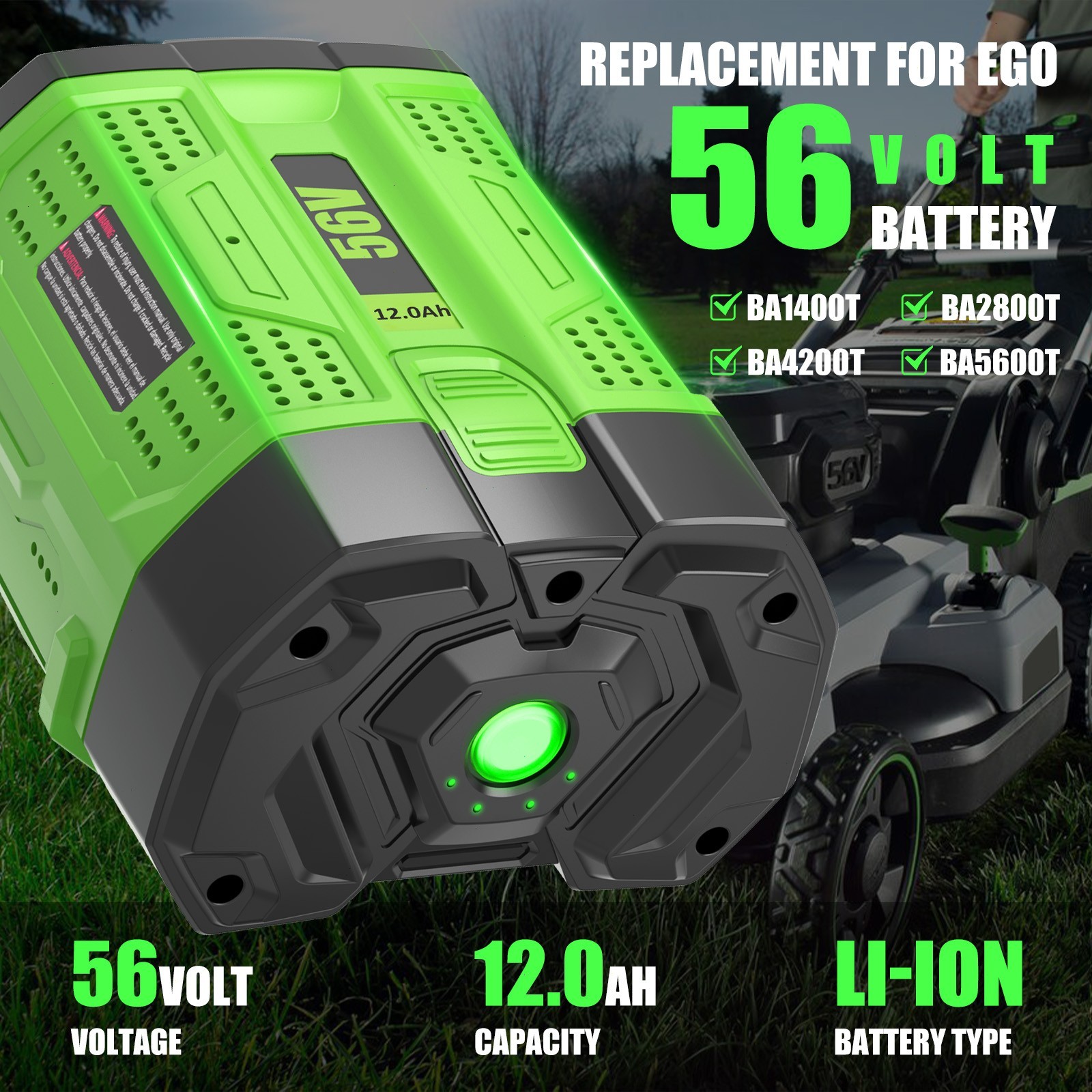 12 Ah Battery For EGO 56V 56Volt BA1400 POWER+ Lithium Ion BA2240 BA2800T BA5600