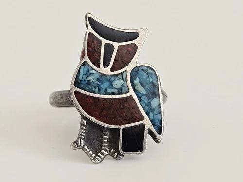 Vtg Native American Sterling Silver Coral Turquoise Chip Inlay Owl Ring - Size 7