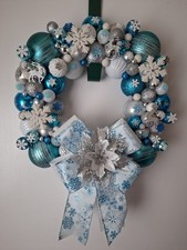 Teal Blue, White And Silver Snowflake Christmas Bauble Wreath