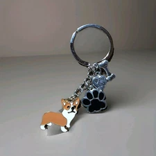 Corgi Dog Keychain Paw Bone Heart Brown & White Colored Pup