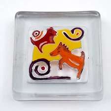 Mid-Century Modern Art Glass Square Trivet Abstract Animals Fused Design 4.5"