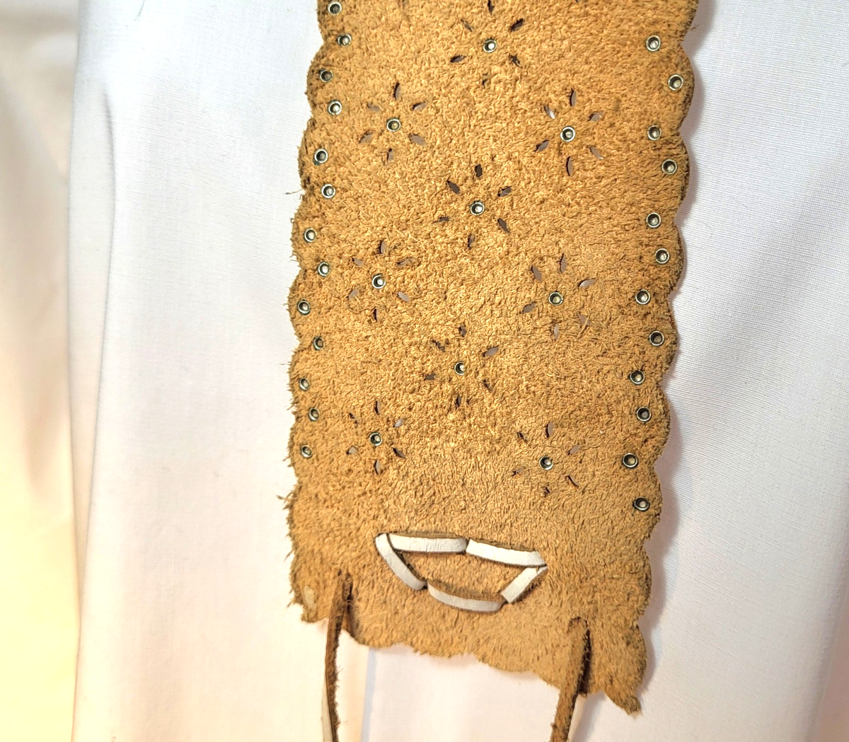 Trio of Boho Tie Back Belts White Cutout Studded Leather, Macrame and Denim Glossy White Pyramid Studded Belt: Vegan Leather Punk Goth  main image 4