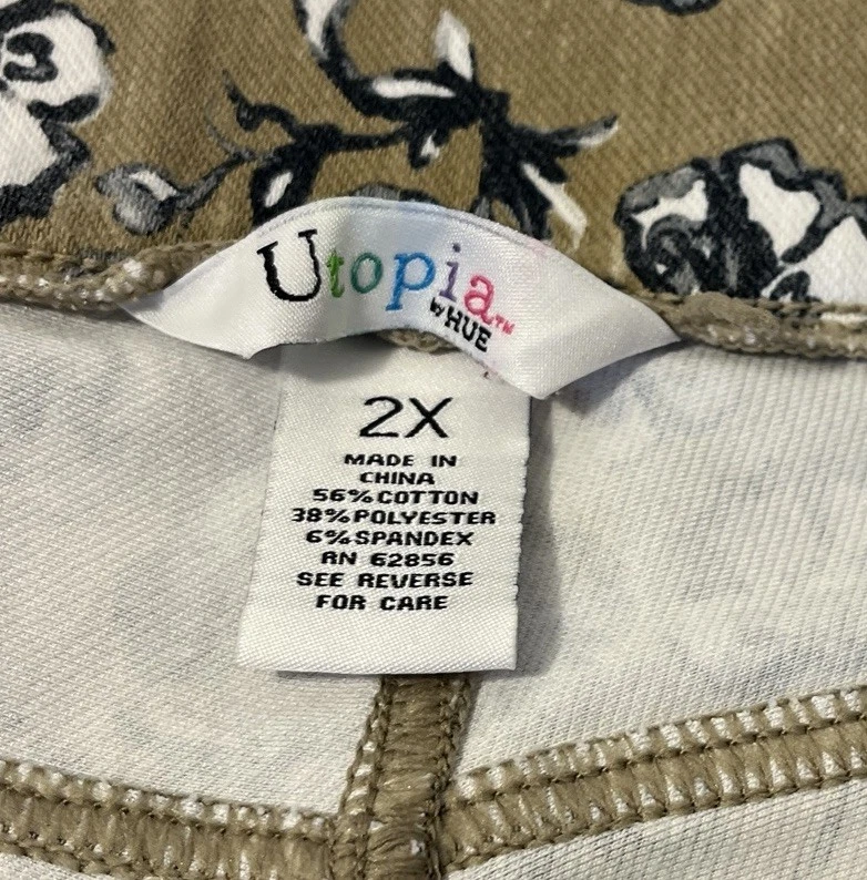 Pantalones de mezclilla para mujer Utopia by Hue de pierna recta tostados con flores negras/blancas talla 2X Foto 4 de 4