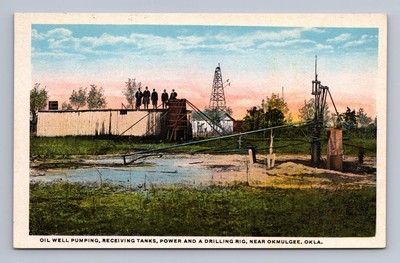 Antique Oklahoma Postcard OKMULGEE Oil Well Pumping Drilling Rig 1920s