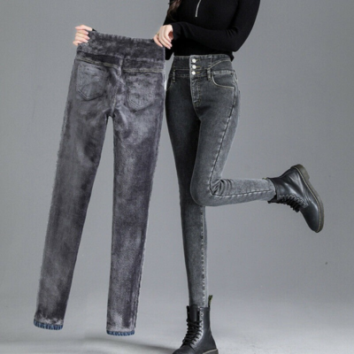 Lady Girl Fleece Lined Lining Jeans Denim Pencil Pants Trousers Winter Warm  Soft | eBay UK