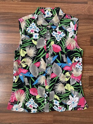 IZOD 100% Washable Silk Top Women 8 Tropical Hawaiian Palm Button Up Collar