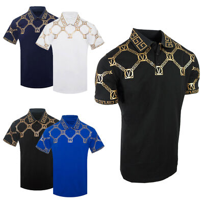 Polo Shirt Designer Mens Gold Italian Shoulder Stripe Foil Slim Fit Golf Stretch