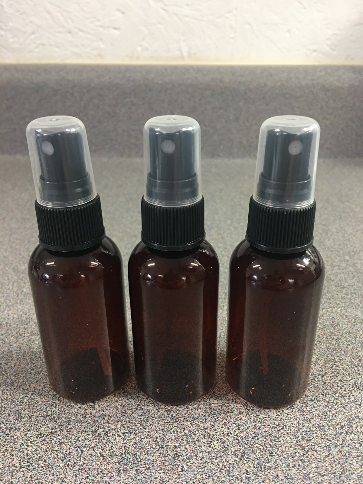 3 NEW 2 oz Amber PLASTIC Bottles with Fine Mist Sprayers and Caps   BPA free