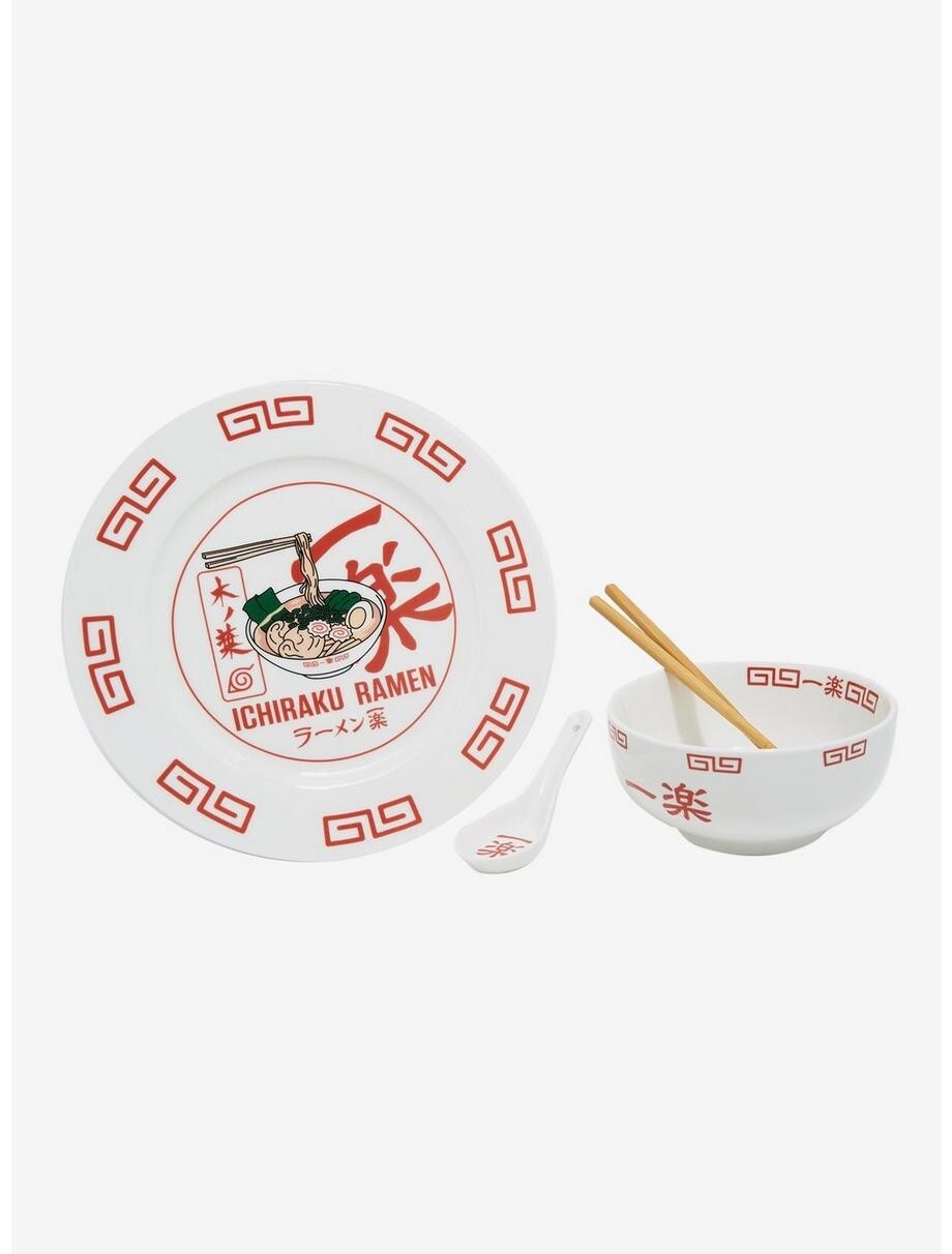 Juego de platos Naruto Shippuden Ichiraku Ramen. Plato y cuenco de cerámica con palillos