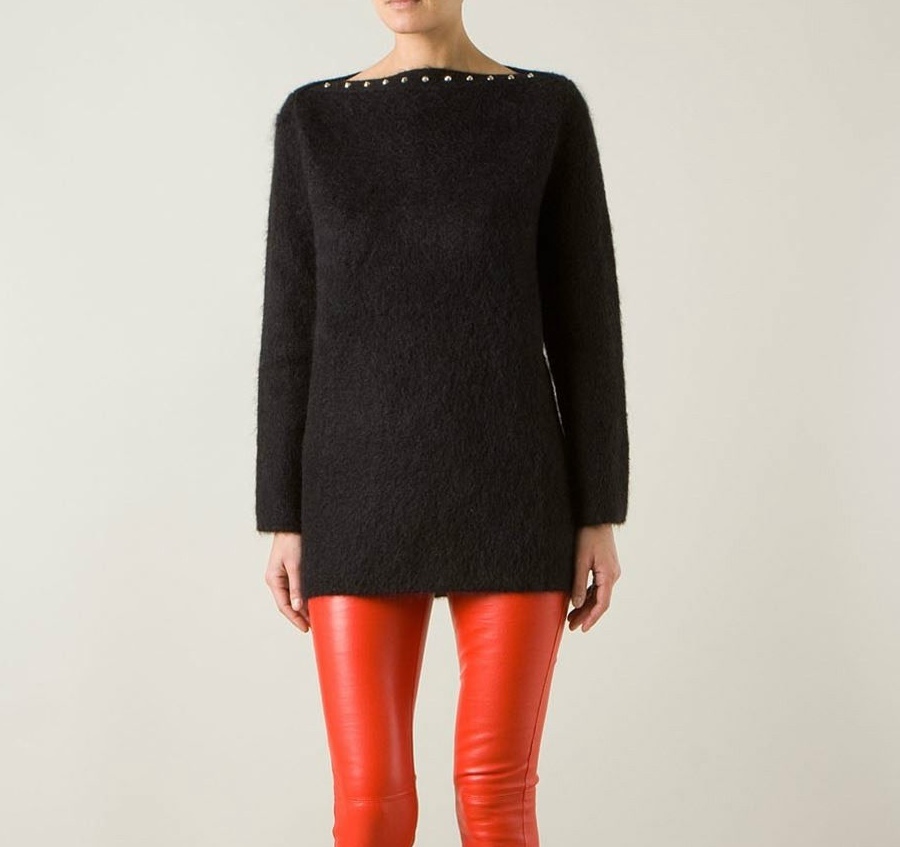 Maglione pullover Saint Laurent YSL borchie mohair collo da barca nero taglia XL