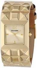 NEW-STEVE MADDEN PYRAMID GOLD TONE,FAUX BROWN LEATHER BAND WATCH SMW00057-02
