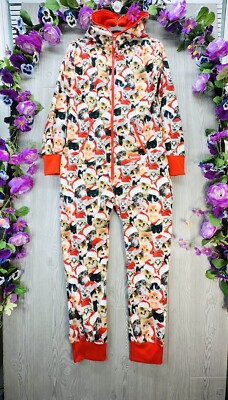 Tipsy Elves Cat One Piece Pajamas Meowy Catmas Santa Hooded Bodysuit Size Small