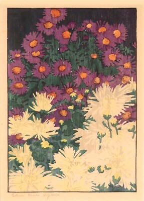 Purple Asters Flowers : Edna Boies Hopkins : 1915 woodcut  : Archival Art Print