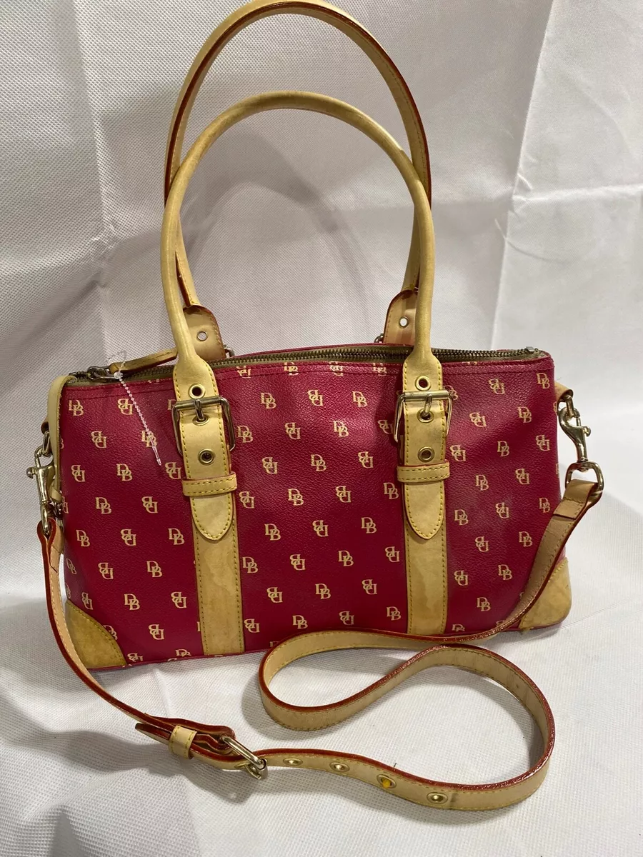 VTG Dooney & Bourke Red/White Monogram Satchel, Vachetta Leather Trim