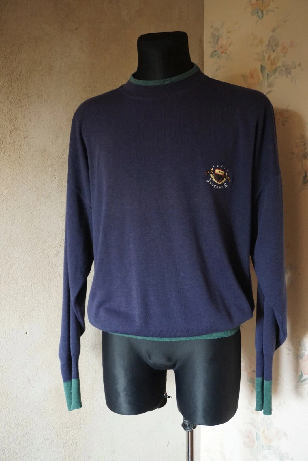 Men's true vintage Jacques S top L Large jumper 50% wool 80's high neck polo hot