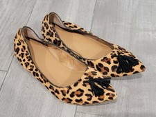 J.CREW real calf fur leopard print pointy toe tassels stretch flats sz 7M