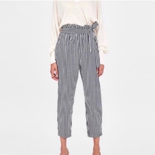 Zara paper bag waist trouser striped 