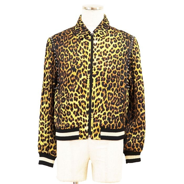 SAINT LAURENT PARIS Leopard Studded Bomber Jacket Size 44 Yellow