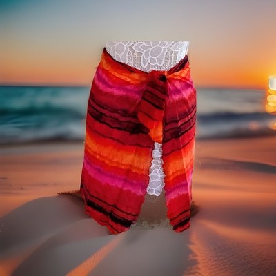 Bathing Suit Skirt Cover-up Sarong Wrap One Size Red Black Orange Stripe Beaches