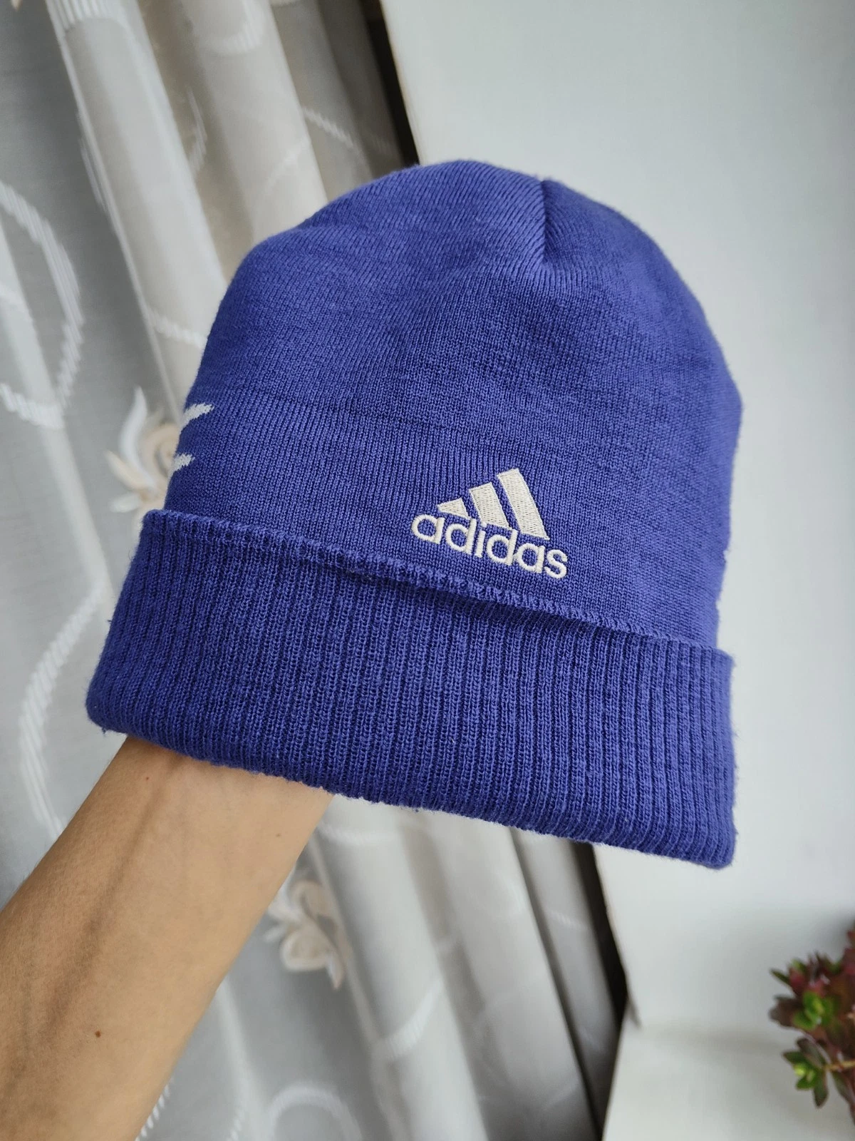 Vintage Adidas Beanie Hat Made in Taiwan Blue Striped Fleece Lined 90s Small Fit