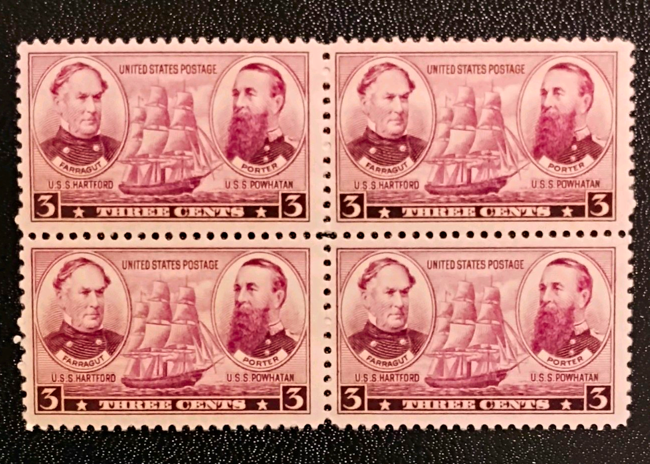 United States 3¢ Purple Farragut Porter Ships Plate Number Block of 4 MNH