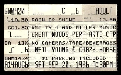 Neil Young & Crazy Horse 1986 Sep 20 Ticket Mansfield Great Woods Center *TS99 - Image 1 of 2