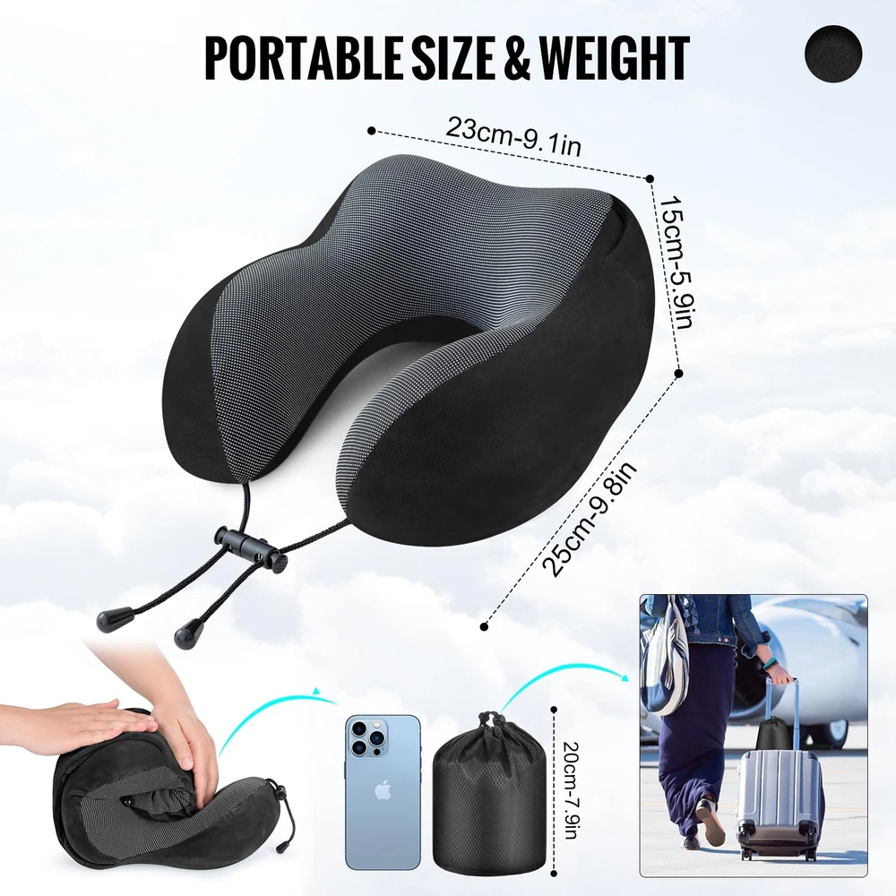 Memory Foam Travel Neck Pillow with Hood for Airplane Comfort in Black