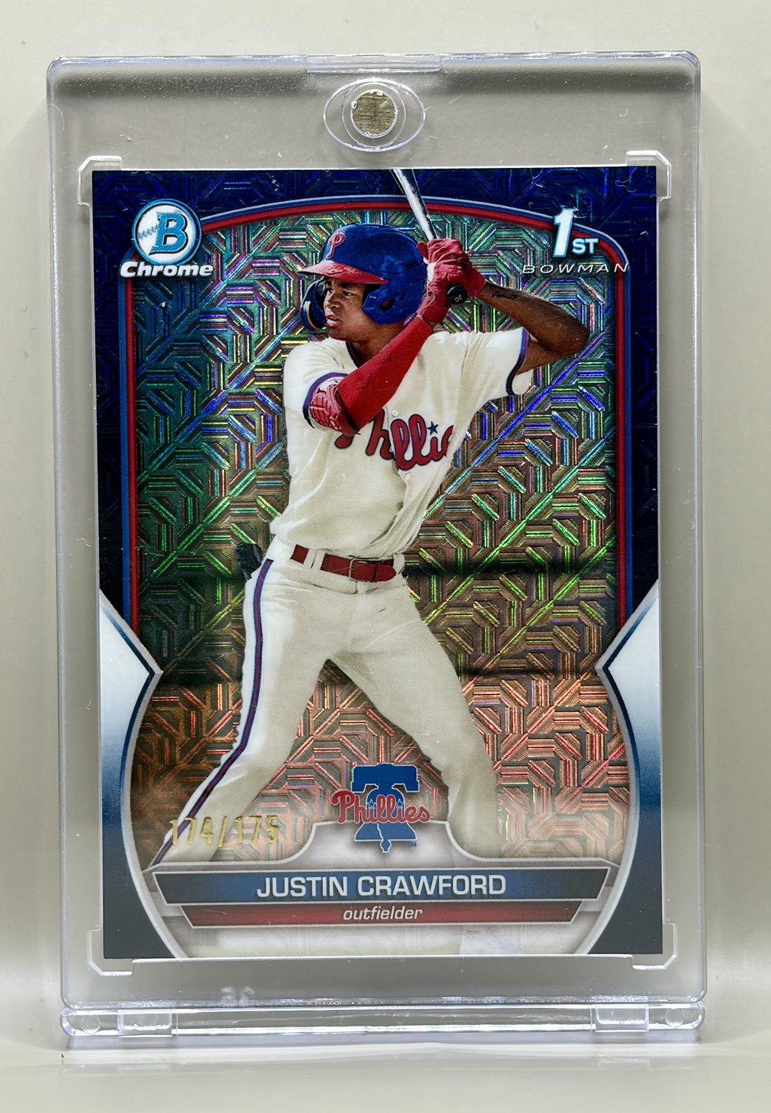 Justin Crawford 2023 Bowman Chrome Mega Box 1st Navy Blue Mojo /175 Refractor