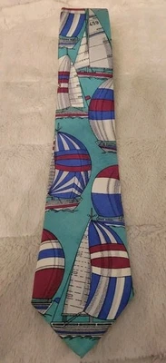 KENNETH GORDON Sailboat Sea Outdoor Men's Silk Tie Vtg Hand Printed USA - Image 1 of 4