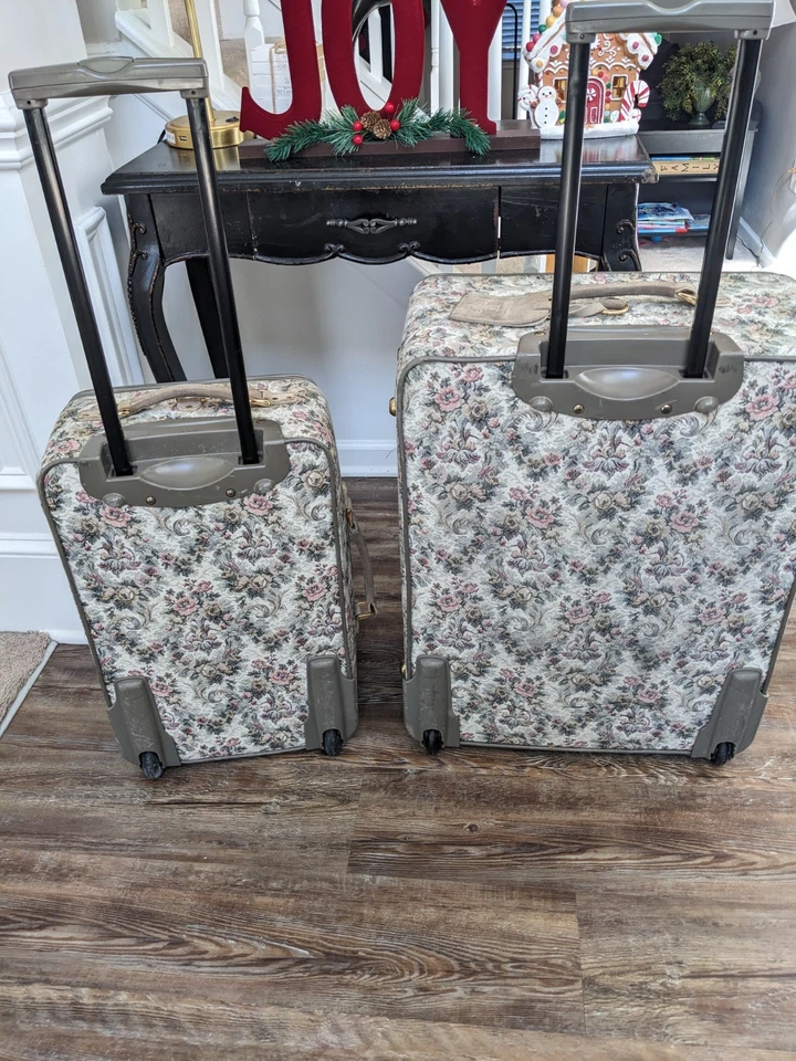 Vintage French Luggage Co 8 Pc Set Gray Floral Rose Tapestry Suede Leather USA - Image 4 of 4