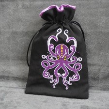 Handmade Black Velvet Drawstring Bag Purple Octopus Embroidery Lined Dice Pouch