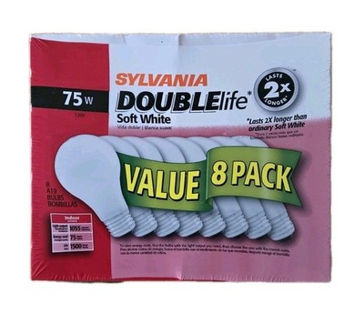 Sylvania 75W Soft White Double Life A19 Light Bulbs Pack Of 8 New Package