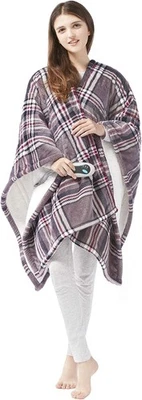 BEAUTYREST Wearable Heated Sherpa Poncho Blanket, Soft Fleece, 3 Heat Settings, Auto Off